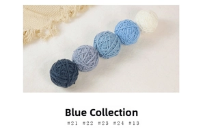 Close-up of blue and cream knit Christmas ornaments with yarn texture for DIY decor