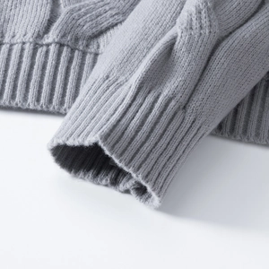 Gray cable knit hooded sweater with premium soft texture and ribbed cuffs for cozy style
