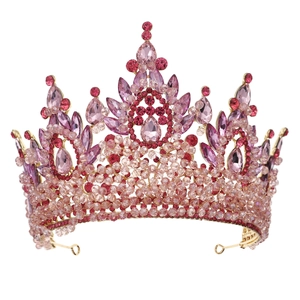 Pink crystal bridal crown with gold metal base for luxury pageant and wedding accessory