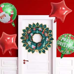 Christmas balloon set with wreath, stars, and Santa Claus foil balloons for holiday decoration