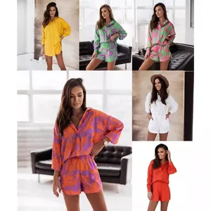 Women Casual Vacation Outfit Long Sleeve Button Down Shirt And Shorts Printed Solid Polyester Elegant Commuter Clothing