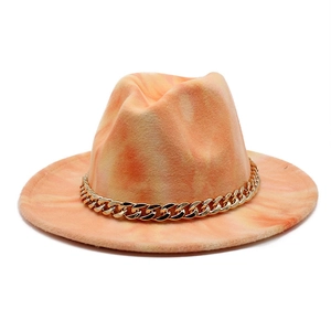 British style wide brim wool felt fedora hat with orange pink tie-dye and gold chain trim