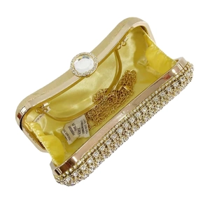 Golden evening clutch bag with sparkling rhinestones and crystal clasp closure