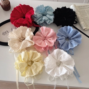 Embroidered Lace Scrunchies Oversized Hair Ties Eyelet Ribbon Streamer Ponytail Holder Sweet Accessories For Women