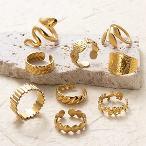 Vintage Gold Plated Stainless Steel Open Rings For Women Adjustable Snake Leaf Coin Geometric Fashion Jewelry