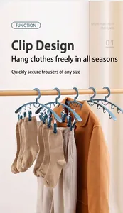 Detail of blue-green multifunctional plastic hanger with 6 clips for socks and pants