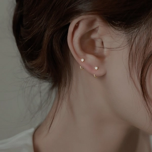 Minimalist gold hook earrings with round white zircon for daily elegant ear jewelry style