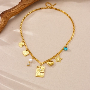 Golden stainless steel necklace with sun tag, heart, star and evil eye charms