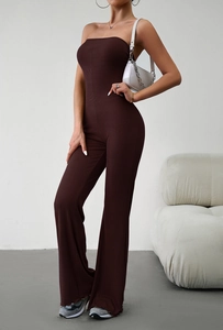 Detail of dark brown ribbed knit strapless jumpsuit with slim fit and flared leg