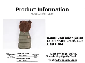 Detail of olive green dog winter vest with bear ears hood and metal D-ring attachment