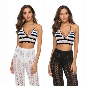 Crochet knit beach set with striped halter top and high-waisted see-through pants