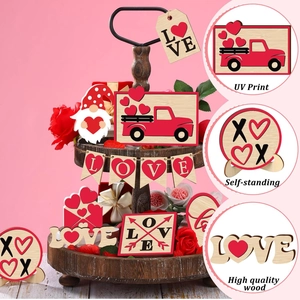 Detailed view of high quality wood Valentine's Day tiered tray decor with UV printing