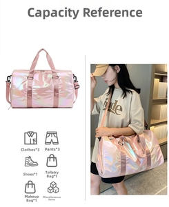 Iridescent pink travel bag with separate shoe compartment and side carry handle details