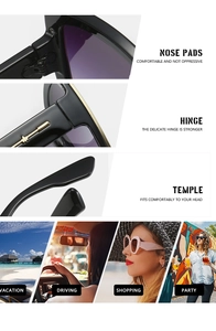 Detail view of square frame sunglasses with metal hinges and lifestyle fashion scenes