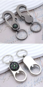 Detail of multifunction compass keychain with bottle opener in gunmetal and silver finish