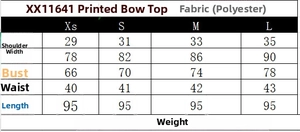 Tableau des tailles détaillé pour haut noué imprimé en polyester de la taille XS à L