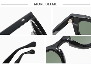 Detail view of glossy black round sunglasses showing metal hinges and smooth nose pads