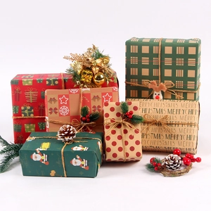 Vintage kraft paper Christmas gift wrapping rolls with plaid patterns and jute string décor