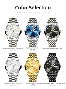 Detailed comparison of quartz men's watches with luminous dials and steel straps in six colors