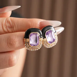 Vintage gold-plated square earrings with purple stones, black enamel, and micro-diamonds