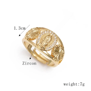 Virgin Mary gold ring detail with zircon stones and dimensions 1.3cm width