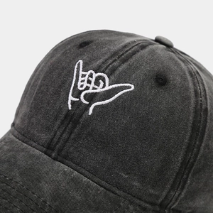 Vintage washed dark grey cotton baseball cap with white Shaka embroidery detail