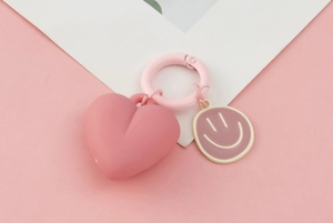 Pink heart and smiley face keychain with metal ring accessory for bags and couples
