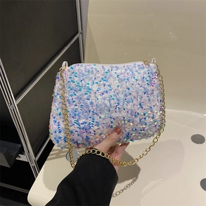 White sequin shoulder bag with iridescent finish and elegant gold chain strap