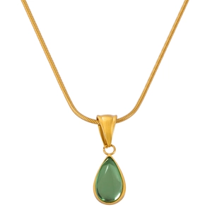 French vintage gold snake chain necklace with a translucent green teardrop pendant