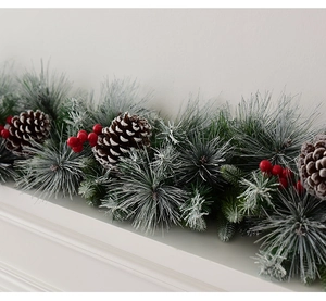 Detail of 60cm Christmas garland with frosted pine needles, cones and red berries