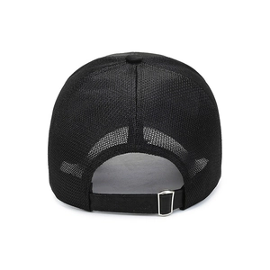 Black breathable mesh baseball cap with adjustable metal buckle back view for summer