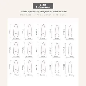 Detailed size guide showing 15 precise measurements for press-on nails in millimeters