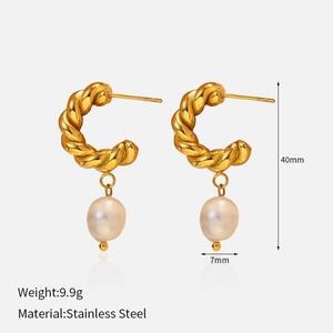 Detail view of 18k gold plated twisted hoop earrings with white pearls and dimensions