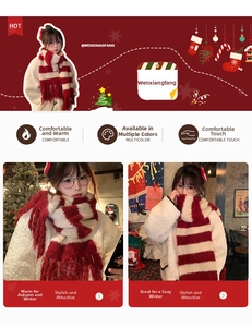 Classic red and white striped knit scarf for winter shown on a model in a festive layout