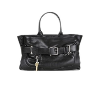 Minimalist black leather tote bag with silver buckle strap and golden key charm