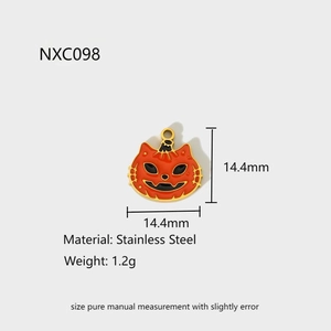 Detailed view of Halloween pumpkin cat pendant with size measurements and stainless steel info