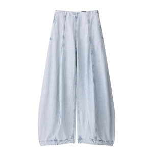 Dames Wijde Pijpen Ballon Jeans Hoge Taille Gewassen Katoen Denim Casual Vintage Lichtblauw Zak Zijrits