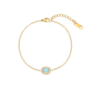 Detailed view of light blue gemstone bracelet with lobster clasp and extension chain