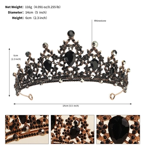 Detail view of black rhinestone crown showing 14cm diameter and 6cm height measurements