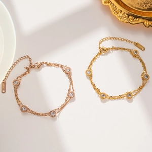 Double Layer Titanium Stainless Steel Bracelet For Women Rose Gold Roman Numeral Rhinestone Charm Fashion Jewelry Gift