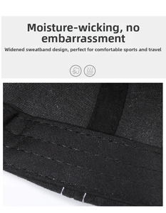 Detail of widened sweatband on black baseball cap featuring moisture-wicking knit fabric