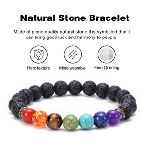 Natural lava rock chakra bracelet with colorful energy stones for yoga and healing