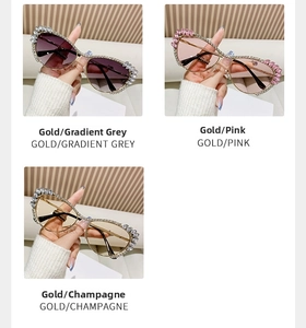Detailed view of fashion cat eye sunglasses with crystal rhinestones in three colors