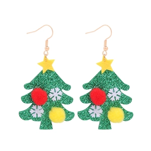 Sparkly green Christmas tree drop earrings with colorful glitter and plush pom-poms for women
