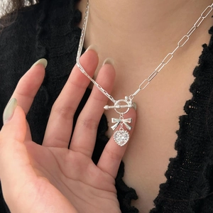 925 Sterling Silver Heart Pendant Necklace With Bowknot Zircon Asymmetric Chain Korean Ins Style Elegant For Women