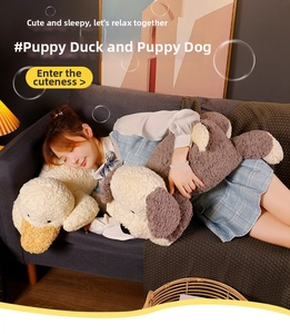 Close-up of soft plush duck and dog cushions held by a model on a cozy sofa