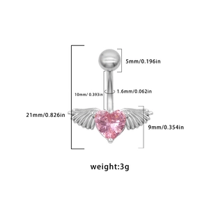 Dimensions détaillées du piercing de nombril argenté avec cœur rose et ailes