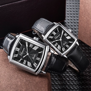 Square quartz couple watch with black dial, silver case and leather strap in gift box
