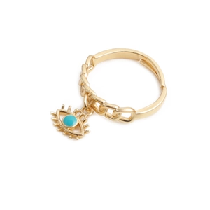 Detaillierte Nahaufnahme des goldenen Evil-Eye-Rings mit Kettenstruktur und offener Ringschiene