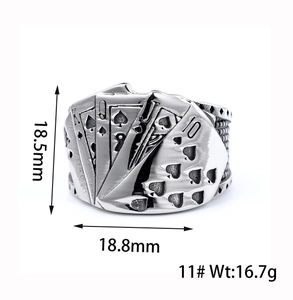 Macro shot of poker flush royal ring with detailed measurements and vintage silver finish